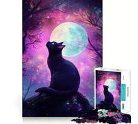 Puzzle 1000 pièces Chat sous Ciel Clair de Lune Jeu d'adresse mentale et de découpe précise Jeu Facile Cadeau Artistique de Noël (38x52cm)