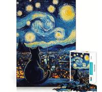 Puzzle 1000 pièces Chat sous Ciel étoilé Jeu d'adresse mentale et de découpe précise Jeu Facile Cadeau Artistique de Noël (38x26cm)