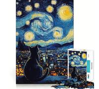 Puzzle 1000 pièces Chat sous Ciel étoilé Jeu de Puzzle idéal pour stimuler Le Cerveau,se détendre et s'amuser Idée Cadeau de Noël (38x52cm)