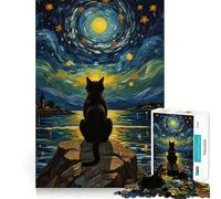 Puzzle 1000 pièces Chat sous Un Ciel étoilé Bords impeccables Casse-tête Amusant Cadeau détente Jeu Cadeau d'anniversaire Artistique (50x75cm)