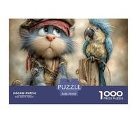 Puzzle 1000 Pièces Chat Steampunk Perroquet Adultes Enfants - Chat Bleu Steampunk Perroquet Plumé, Jeu Éducatif Défi Décoration Murale 70x50cm