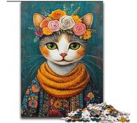 Puzzle 1000 pièces Chat Style Frida Kahlo en Carton, pour Noël et Le Nouvel an, Taille 38x26cm Jeu de réflexion pour Adolescents, pour Les fêtes