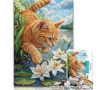 Puzzle 1000 pièces Chat sur Feuille de Lotus pour Adultes, Cadeaux, Aide Le Cerveau à exercer, Jouets addictifs pour cultiver la Patience, Convient aux Couples (75x50cm)