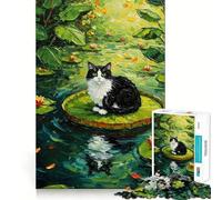 Puzzle 1000 pièces Chat sur nénuphar Peinture Ajustement Parfait Jeu de réflexion et d'art pour se détendre et s'amuser Cadeau Artistique de Noël (38x52cm)