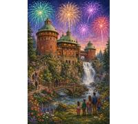 Puzzle 1000 Pieces Château forestier et Cascade avec Feux d'artifice Bois