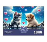 Puzzle 1000 pièces Chaton Chiot Amour Cadeau Adulte - Chaton Chiot Ailes Cœurs décoration Murale 52x38cm