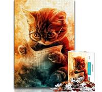Puzzle 1000 pièces Chaton lisant Un Journal pour Adolescents, Anti-Stress, Vacances à la Maison, avec Affiche et fiche de Questions-réponses Assorties (75x50cm)