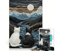 Puzzle 1000 pièces Chats au Bord du lac Bords impeccables Casse-tête Amusant Cadeau détente Jeu Cadeau d'anniversaire Artistique (38x52cm)
