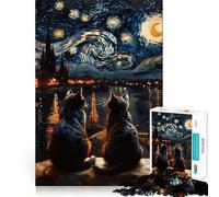 Puzzle 1000 pièces Chats et la Nuit étoilée Bordure Fine Activité intellectuelle Jeu Relaxant Cadeau de Noël Amusant (50x75cm)