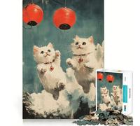 Puzzle 1000 pièces Chats Volant avec des lanternes,Bordure Fine,activité intellectuelle stimulante,Jeu Relaxant,Cadeau de Noël Amusant (50x75cm)