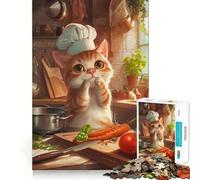 Puzzle 1000 pièces Chef Chat Mignon Dessin animé Découpe Nette Art Jeu de Construction Jeu de détente Jeu d'anniversaire Amusant (50x75cm)