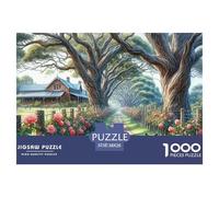 Puzzle 1000 Pièces Chemin Rural avec Chien, Allée Arborée Fleurs Roses Chat Tigré, Anti-Stress Décoration Murale Adaptée Adultes 38x26cm