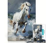 Puzzle 1000 pièces Cheval Blanc galopant à Travers Les Vagues Jeu Amusant et Technique de découpe Laser avancée Jouet d'intérieur pour Les fêtes (38x52cm)