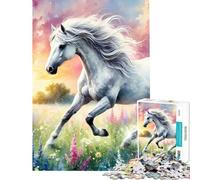 Puzzle 1000 pièces Cheval Blanc galopant dans Un Champ Jeu éducatif Défi ludique pour Passer Le Temps à la Maison (Dimensions 50x75cm)