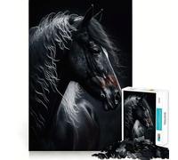 Puzzle 1000 pièces Cheval Noir à crinière Blanche,décoration soignée,Casse-tête,Cadeau,Jeu de Paix,œuvre d'art de Noël (50x75cm)