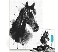 Puzzle 1000 pièces Cheval Noir Aquarelle Art aux Bords Fins,Jeu créatif,Loisir créatif,Cadeau de décoration d'anniversaire (50x75cm)