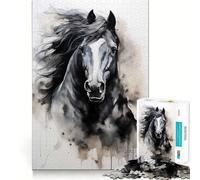 Puzzle 1000 pièces Cheval Noir Aquarelle,Assemblage précis,activité cérébrale Intelligente,détente,Cadeau d'anniversaire (38x26cm)
