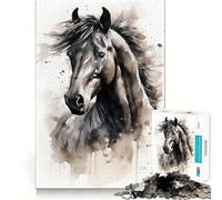 Puzzle 1000 pièces Cheval Noir Aquarelle,décoration soignée,Casse-tête,Cadeau,Jeu de Paix,œuvre d'art de Noël (50x75cm)