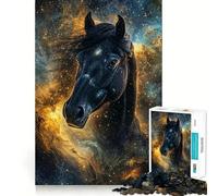 Puzzle 1000 pièces Cheval Noir dans l'espace,découpe précise,défi Intelligent et Amusant,Divertissement et décoration de Noël (38x26cm)