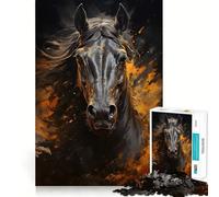 Puzzle 1000 pièces Cheval Noir Peinture dorée Bords Parfaits,Jeu d'entraînement cérébral,Jeu de Relaxation Amusant,Cadeau de décoration d'anniversaire (38x52cm)