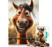 Puzzle 1000 pièces Cheval Souriant Dessin animé derrière des barbelés Décoration soignée Jeu de logique et de Calme Idée Cadeau Noël (50x75cm)