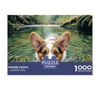 Puzzle 1000 Pièces Chien Mignon Corgi dans Une Rivière Calme avec Reflet, Jeu Éducatif Stimulant Adulte et Femme, 38x26cm