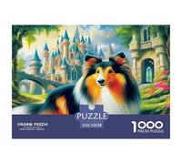 Puzzle 1000 Pièces Chien Mignon pour Décoration Murale - Collie Jardin de Château Enchanté Décompression et Déco Murale Adultes 52x38cm
