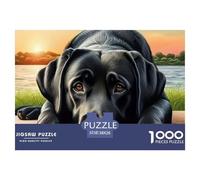 Puzzle 1000 pièces Chien Noir Couchant en Papier recyclé pour Adultes - Labrador Noir lac Coucher de Soleil, Puzzle Stimulant, idée Cadeau 38x26cm