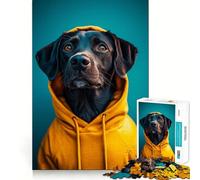 Puzzle 1000 pièces Chien Noir en Sweat à Capuche Jaune Bord sans Couture,Jeu de réflexion Amusant,Temps Libre divertissant,Cadeau Artistique de Noël (38x52cm)