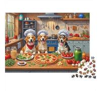 Puzzle 1000 Pièces Chiens Cuisiniers Pizza Groupe de Chiens Cuisine Précis Encadrable Détails Riches Carton Premium Épais pour Famille Cadeau Anniversaire 52x38cm