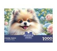 Puzzle 1000 Pièces Chiots Spitz Nain Adultes, Spitz Nain Roses Bleues, Anti-Stress Décoration Murale Jeu Familial Difficile 38x26cm