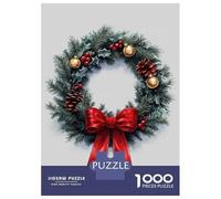Puzzle 1000 Pièces Christmas Wreath with Red Bow Puzzle Adulte, Casse-tête, Découpe De Précision, Cadeau Unique pour Anniversaire Et Noël 52x38cm/1000pcs
