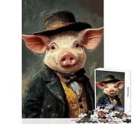 Puzzle 1000 pièces Cochon au Chapeau Haut-de-Forme Jeu éducatif Cadeau de Père Noël Secret Jeux relaxants avec Poster et fiche de Questions Assortis Dimensions 38x52cm