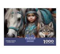 Puzzle 1000 pièces Complexe Fille Indienne Cheval Loup, Design Ethnique Nature Sauvage Mustang Papier Recy coration Murale Anti-Stress 70x50cm