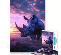 Puzzle 1000 pièces Coucher de Soleil esthétique avec Un rhinocéros pour Adolescents, Jeu de logique Puissant, Moments en Famille, Bords Nets, Surprise chaleureuse (50x75cm)