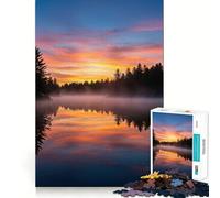 Puzzle 1000 pièces Coucher de Soleil et lac dans la forêt brumeuse pour Adultes 38x26cm Jeu de Construction Amusant et précis Cadeau mémorable