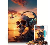 Puzzle 1000 pièces Coucher de Soleil surréaliste, Musique et crâne pour Adolescents, Jeu de réflexion, Moment de détente, Finition de qualité, 50x75cm