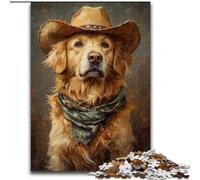 Puzzle 1000 pièces Cowboy Golden Retriever en Bois avec Jeu interactif Familial, pour Les 14 Ans et Plus, Taille 50x75cm