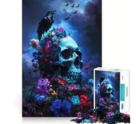 Puzzle 1000 pièces Crâne Corbeau Fleurs Cadeau pour Adultes Exercice cérébral Jeu d'assemblage Artistique Relaxant Cadeau mémorable 50x75cm