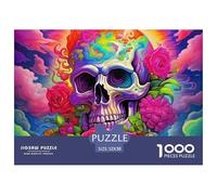 Puzzle 1000 pièces Crâne Roses Roses Arc-en-Ciel, Papier recyclé, Jeu éducatif Anti-Stress Adulte Cadeau, 52x38cm