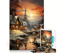 Puzzle 1000 pièces Crépuscule dans Un Village d'hiver Pièces nettes et découpées Jeu de développement cognitif Moment de Calme et de Divertissement Décoration de Noël (38x26cm)