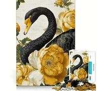 Puzzle 1000 pièces Cygne Noir et Fleurs dorées,Bords Parfaits,Jeu de réflexion,Divertissement Relaxant,Cadeau de décoration d'anniversaire (50x75cm)