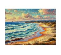 Puzzle 1000 pièces d’Une côte ensoleillée aux Vagues ondulantes | 38x26cm Paysage côtier, Mer turquoise, Plage de sable incurvée, Activité paisible à la maison, Trois formats au choix