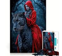 Puzzle 1000 pièces Dame Capuche Rouge et léopard Noir pour Adultes Jeu Intelligent pour Toute la Famille Découpe précise Pièce d'art (38x26cm)