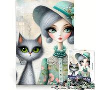 Puzzle 1000 pièces Dame Chic et Chat tigré pour Adultes stimule la mémoire,Divertissement paisible,découpe de qualité,Joli Cadeau (38x26cm)