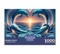 Puzzle 1000 pièces Dauphin Amour Océan Rose pour Adultes - Dauphin Cœur avec Rose Bleue, Jeu Stimulant, Cadeau, Décoration 38x26cm