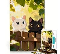 Puzzle 1000 pièces Deux Chats Mignons sur Une clôture en Bois Découpe de qualité supérieure Jeu de réflexion et d'exercice Mental Paix et Divertissement Cadeau d'anniversaire Amusant (38x26cm)