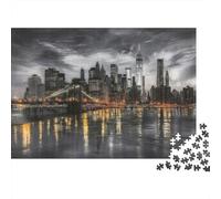 Puzzle 1000 pièces Difficile pour Adultes Paysage Urbain de Nuit Ligne d'horizon de New York Pont Reflets Nuageux Premium Épais Solide Haute qualité Défiant Soulagement du Stress 70x50cm/1000pcs