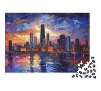 Puzzle 1000 pièces Difficile pour Adultes Peinture Urbaine Ligne d'horizon Coucher de Soleil Reflets sur l'eau Premium Épais Solide Haute qualité Vibrant Défiant Soulagement du Stress 38x26cm/1000pcs