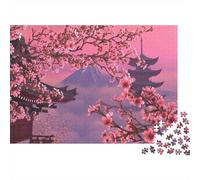 Puzzle 1000 pièces Difficile pour Adultes Temple des cerisiers en Fleurs Cerisiers en Fleurs Pagode Ciel Rose Premium Épais Solide Haute qualité Vibrant Défiant Soulagement du Stress 52x38cm/1000pcs